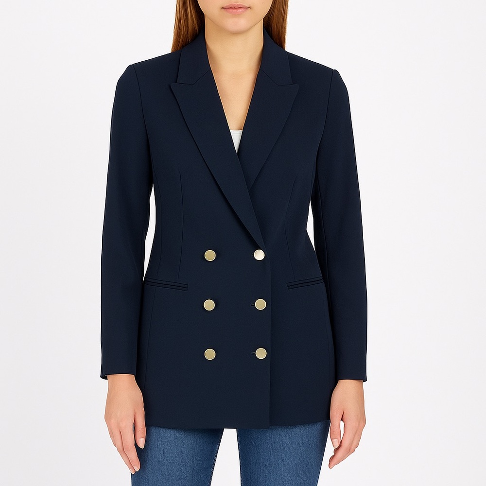 Good American Navy Double-Breasted Blazer with Gold Buttons